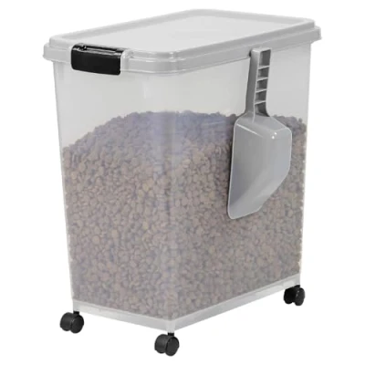Image of Taylor &amp; Brown 40 Litre Airtight Pet Food Storage Container With Plastic Measuring Scoop Treats For Dog Cat Animal Dry Dispenser Casters, Grey