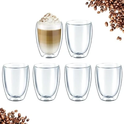 Image of Latte Macchiato Glasses Double Walled Cappuccino Cups Borosilicate Tea Dishwasher Safe Coffee Set (6 350 ml)