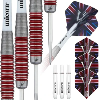 Image of Unicorn Darts Set James &#039;The Machine&#039; Wade 90% Tungsten Barrels with Red Ring Accents Steel Tip Volute Points 24 g