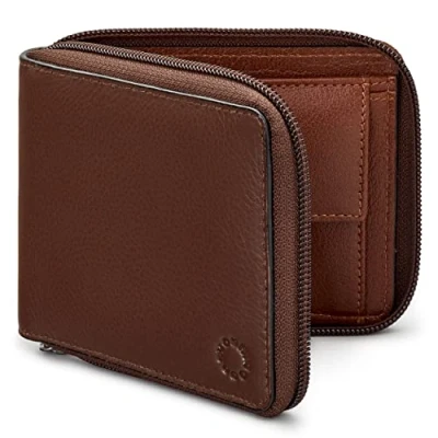 Image of Yoshi Mens RFID Blocking Full Zip Around Leather Coin Pocket Wallet (Brown/Brown)