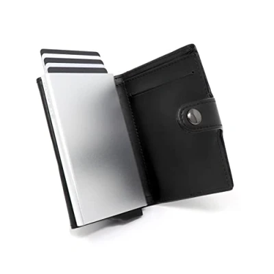 Image of Stealth Wallet Smart Minimalist Card Holders RFID/NFC Blocking Pop Up Wallets with Gift Box Credit Cards Holder &amp; Contactless Protection (Silver Black Leather and Zip Pocket)
