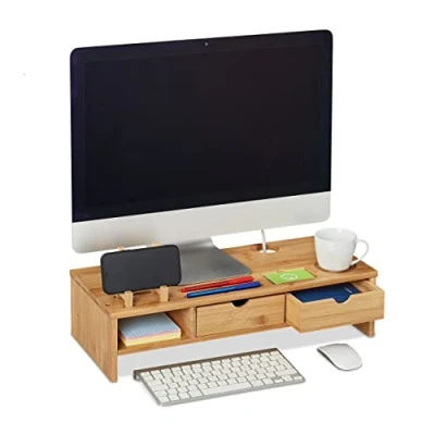 Image of Relaxdays Bamboo Monitor Stand, Drawers, Slots for Smartphone &amp; Utensils, Ergonomic Screen Holder, 13x54x23 cm, Natural, 100%