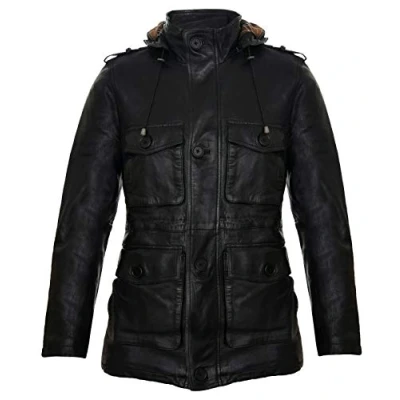 Image of Men&#039;s Black Hooded Leather Multi Pocket Duffle Trench Coat with Drawstring L