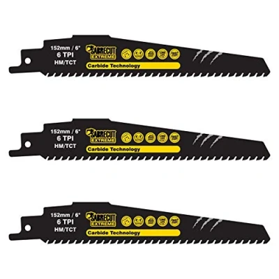 Image of 3 x SabreCut SCRS940HM_3 Tungsten Carbide 152mm 6 TPI S940HM Aerated Concrete Brick Plastic and Metal Straight Cutting Reciprocating Sabre Saw Blades Compatible with Bosch Dewalt Makita Others