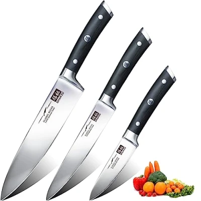 Image of SHAN ZU Knife Set, Kitchen Sets 3pcs with German Stainless Steel Professional Japanese Ultra Sharp Chef Set Including Chef&#039;s 20cm 15cm Paring 9.5cm