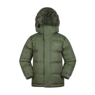 Image of Mountain Warehouse Snow Padded Kids Jacket Water Resistant Coat with Fleece Lined Hood, Adjustable Cuffs &amp; Side Pockets for Winter, Walking, Travel Outdoors Khaki Size 11 12 Years