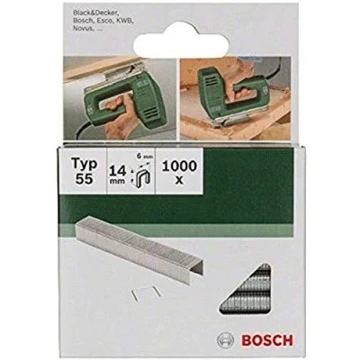 Image of Bosch 1000x Narrow Crown Staples Type 55 (Textiles, carpet, Acoustic panels, Lawn 6 x 1.08 14 mm, Accessories Tacker, Staple Gun)