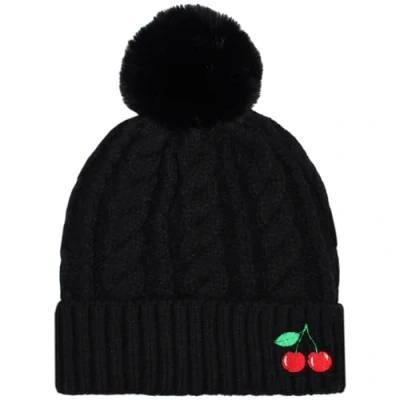 Image of TeddyT&#039;s Women&#039;s Cherries Embroidered Luxury Fleece Lined Bobble Hat (Black)