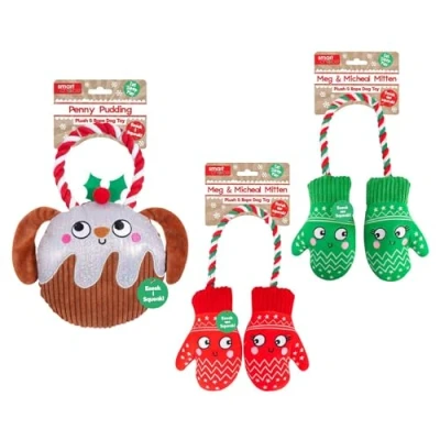 Image of YöL Christmas Dog Toy Set Of 2 Pudding Gloves Mittens Plush Rope Tug War Squeaky Puppy Stocking Filler First Xmas