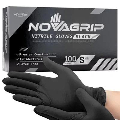 Image of Novagrip JFA Medical Disposable Powder Free Latex Black Nitrile Gloves Box of 100 (Small)