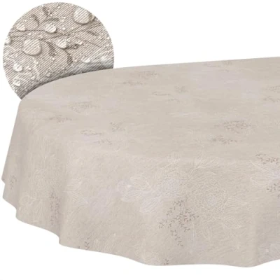 Image of Japondi Beige Oval Fabric Tablecloth Cotton Polyester Washable Easy Care in Round Square 180 x 140 cm Cut Edge