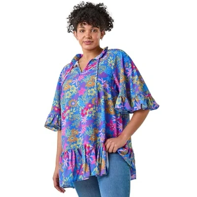 Image of Roman Curve Womens Floral Frill Tie Detail Top Blue Size 18 UK