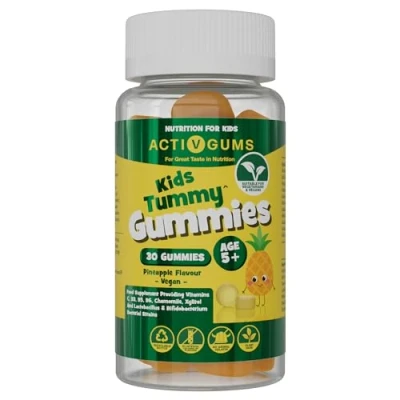 Image of Kids Tummy 30 Vegan Gummies. Pineapple Flavour. for Digestion and Gut Health. with Vitamins C, B3, B5, B6, Chamomile 2000mg, 2.25 Billion CFU Probiotics, Xyiltol. Ages 5+ by ActivGums®