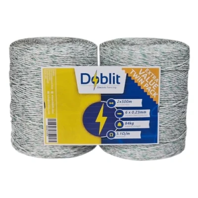 Image of Doblit &quot;Green &amp; White&quot; Premium Poly Wire Fence Conductor 6x0.23mm Stainless Steel Strands, Super Low Resistance 2 x 500 Metre Rolls (1000m)