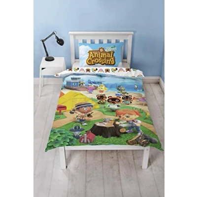 Image of Animal Crossing Official Single Duvet Cover Reversible Two Sided Beach Design Polycotton Fun Bedding with Matching Pillow Case, Multi Coloured, 200 x 135cm (Single Duvet), AMCBCHDS001UK1