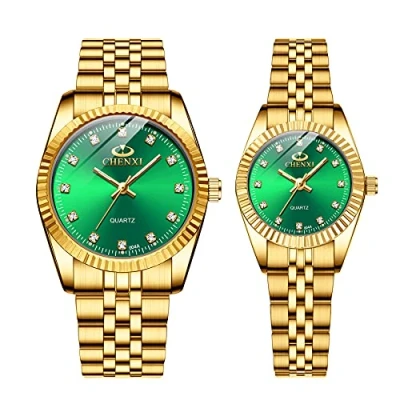 Image of JewelryWe His and Hers Couple Watches Set Business Men Women Matching Watch Gold Pair Quartz Wristwatch, for Anniversary, Wedding, Valentine