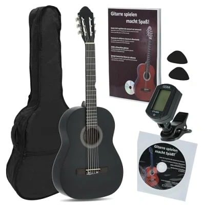 Image of JUAN MIGUEL NAVARREZ classical guitar 4/4 starter set black (bag, tuner, picks, book with CD)
