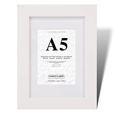 Image of Fabian Clarke London® A5 Modern White Wooden Picture Photo Frame with A6 Mount Includes Glass Front Hang Portrait or Landscape