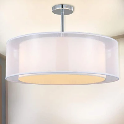 Image of Ceiling Light, SPARKSOR Modern Fabric Pendant Light Shade, Large Black Drum Lampshade, 2 Tiers Round Lamp, for Bedroom Living Room, Flush Chrome Matt, 3 Bulb, E27