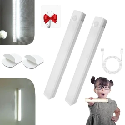 Image of Punch Free Smart Sensor Magnetic Rechargeable Led Lights, 4 In Motion Light Indoor, Activated Cabinet Cordless Under Bedroom Stair Lighting (White,2)