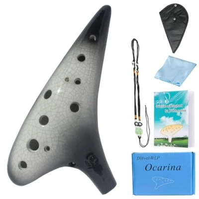 Image of Ocarina,12 Hole Ocarina Instrument,Ice crack Alto C Ceramic With Song Book for Beginner(Gradient Black)