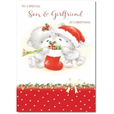 Image of doodlecards Son and Girlfriend Christmas Card Cute Bears with Stocking Medium Size for &amp; Plain Envelope