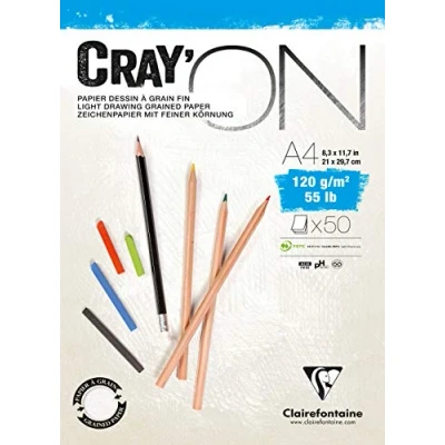 Image of Clairefontaine Ref 975020C Cray&#039;On White Glued Sketch Pad (50 Sheets) A4 (21 x 29.7cm) Size, 120gsm 100% Cellulose Paper, Grained One Size &amp; Smooth Other Side