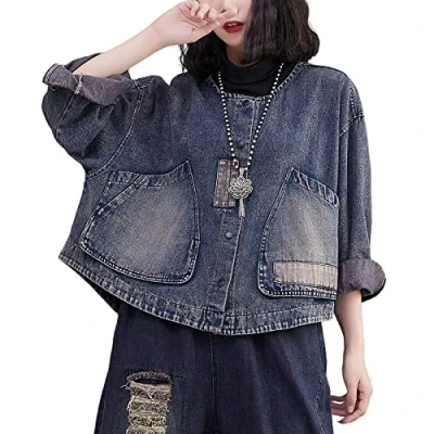 Image of TOMPPY Womens Denim Jackets, Women&#039;S Jacket Vintage Distressed Blue Splicing Long Sleeve Button Up Shacket Loose Short Wash Faded Round Neck Coat Spring Transition Casual Outwear,M