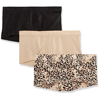 Image of Maidenform Women&#039;s Underwear, Microfiber Boyshort, Full Coverage Panty, 3 Pack Boy Short, Black/Body Beige/Snow Leopard, M (Pack of 3)