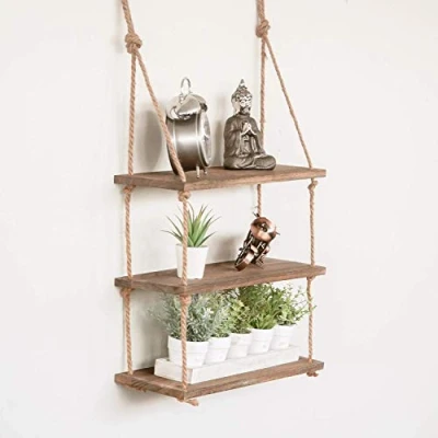 Image of Homezone® 3 Tier Vintage Shabby Chic Shelving With Rope Shelf Rustic Floating Multiple Tiered Wall Hanging Storage Home Organisation (3 Shelf)