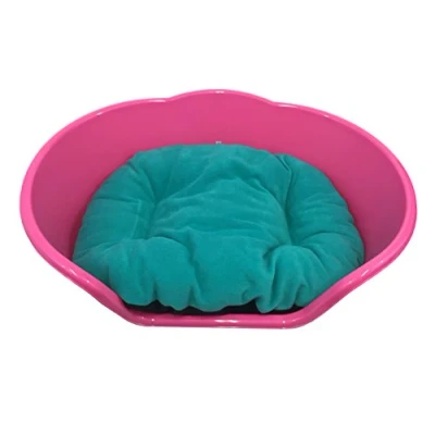 Image of PINK SMALL PLASTIC DOG BED WITH TEAL CUSHION / HEAVY DUTY PET DOG/CAT/ANIMAL/SLEEP/BASKET MADE IN UK