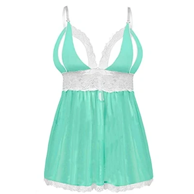 Image of EVELIFE Women Sexy Plus Size Babydoll Dress Lace Lingerie Chemise Nightwear Set with G String(Green, XX Large)