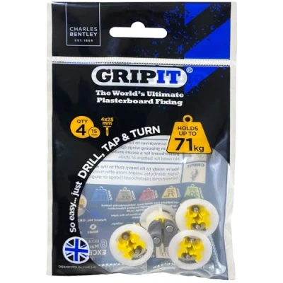 Image of Gripit Yellow Plasterboard Fixings Pack of 4 Heavy Duty for Drywall &amp; Stud Walls, Holds Up to 71kg Ideal Blinds, Curtains, Mirrors Frames Easy Install UK Designed