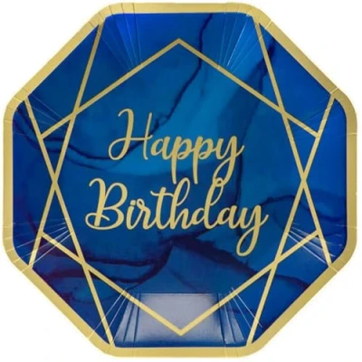 Image of Anniversary House Happy Birthday Paper Dinner Plates, Navy Blue &amp; Gold Geode Birthday, Disposable Party 23cm (9&quot;), Pack of 8, J125