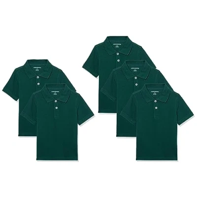 Image of Amazon Essentials Boys&#039; School Uniform Short Sleeve Pique Polo Shirts, Pack of 5, Dark Green, 8 Years