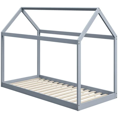 Image of HOMCOM Single Bed Frame, House Scandinavian Style Wooden Frame for 90W x 190Dcm Mattress, Pine Wood Base, Grey