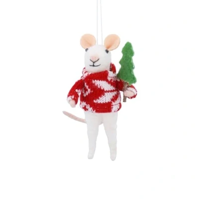 Image of Gisela Graham Wool Mouse in Scandinavian Jumper with Tree Hanging Decoration
