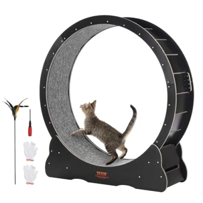 Image of VEVOR Wooden Cat Exercise Wheel, 43.3&quot; Large Treadmill Wheel for Indoor Cats, Running with Detachable Carpet &amp; Teaser Running/Walking/Training, Suitable Most Cats