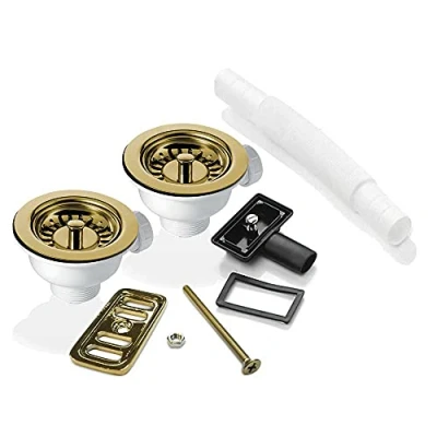 Image of 2X 90mm Gold Strainer Waste &amp; Overflow for Astini, RAK, Rangemaster Ceramic Sink
