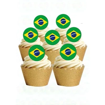 Image of 24 Precut Brazilian Brazil Flag Edible Wafer Paper Cake Toppers Decorations
