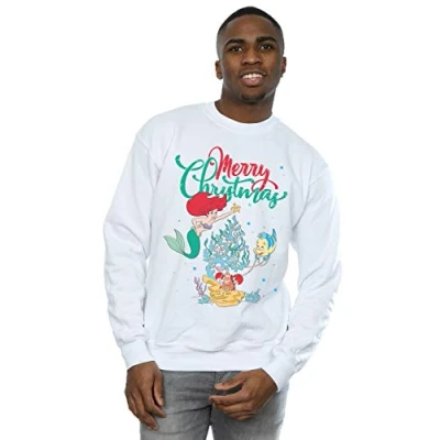 Image of Disney Men&#039;s Princess Ariel Merry Christmas Sweatshirt White Small