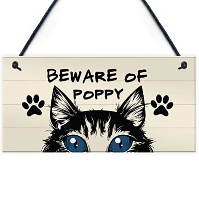 Image of RED OCEAN BEWARE OF Cat Sign Hanging Home Decor Plaque Lover Gift For Family