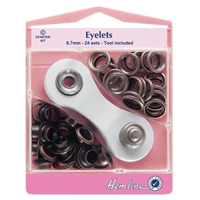Image of Hemline Bronze Eyelet Starter Kit 8.7mm (24 sets) With Metal Grommet Tool Washers Eyelets Hole Punch &amp; Storage Case mm H438P.8.BR