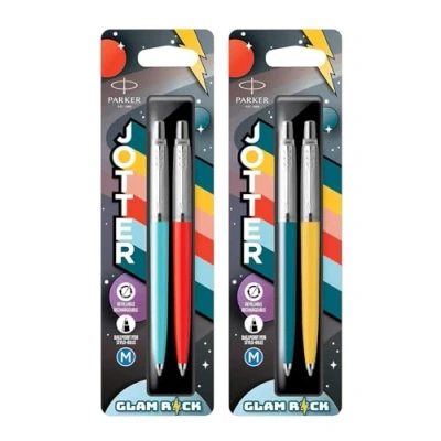 Image of Parker Jotter Originals Ballpoint Pens Pack of 4 Glam Rock Collection Azure Blue, Vermilion, Peacock Blue &amp; Sunshine Yellow Ink