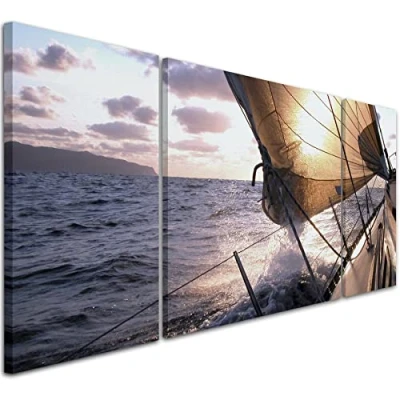 Image of Wallfillers Sailing Boat and Blue Sea Canvas Wall Art Print 3AC096 XXL 191x65cm