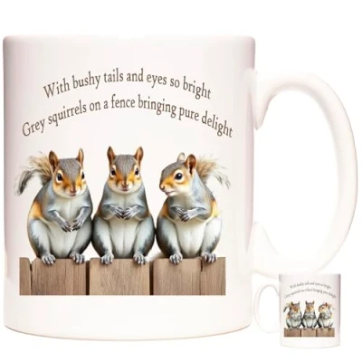 Image of KAZMUGZ Grey Squirrel Mug, Three Squirrels Sitting on a Fence. 11OZ Ceramic Mug with Images of Squirrels. Gift.