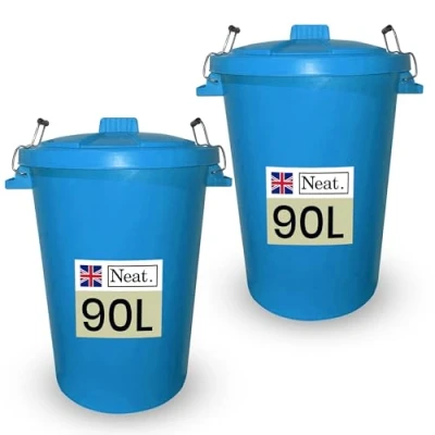 Image of Neat. 90L Bin Coloured Large Plastic Bins, Heavy Duty Kitchen with Metal Handle Dustbin Lid For Easy Refusal, Garden Indoor Outdoor Rubbish Waste, Storage of Animal Feed, Sky Blue 2Pack