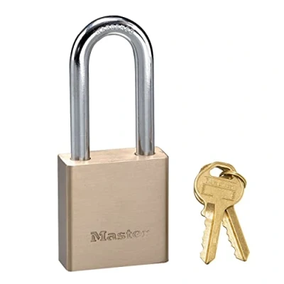 Image of Master Lock Long Shackle 576EURDLH Thick Brass Body Padlock with Key Ideal to Secure Gates, Fences, Sheds, 98 x 44 20 mm, Gold