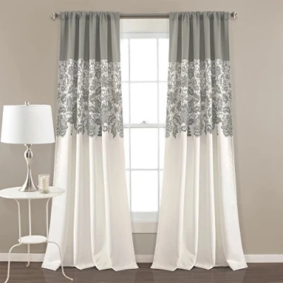 Image of Lush DÉCOR Estate Garden Print Curtains Room Darkening Window Panel Set for Living, Dining, Bedroom (Pair), 84 in x 52 in, Gray