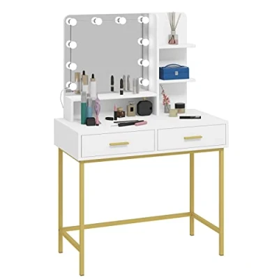 Image of WOLTU Dressing Table with Mirror and LED Lights, 3 Adjustable Brightness, Vanity 2 Drawers Storage Shelves, Modern Makeup for Bedroom, MDF+Metal, White+Golden, MB6090ws